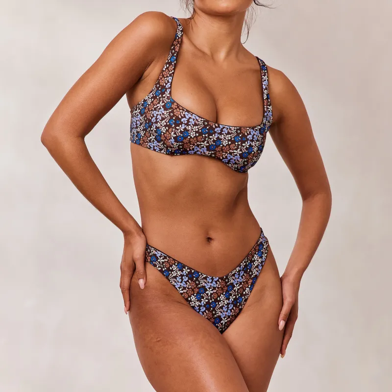 Lounge Underwear Bikinis | Doppelseitiges Plunge Bikini-Oberteil - Braun/Floral